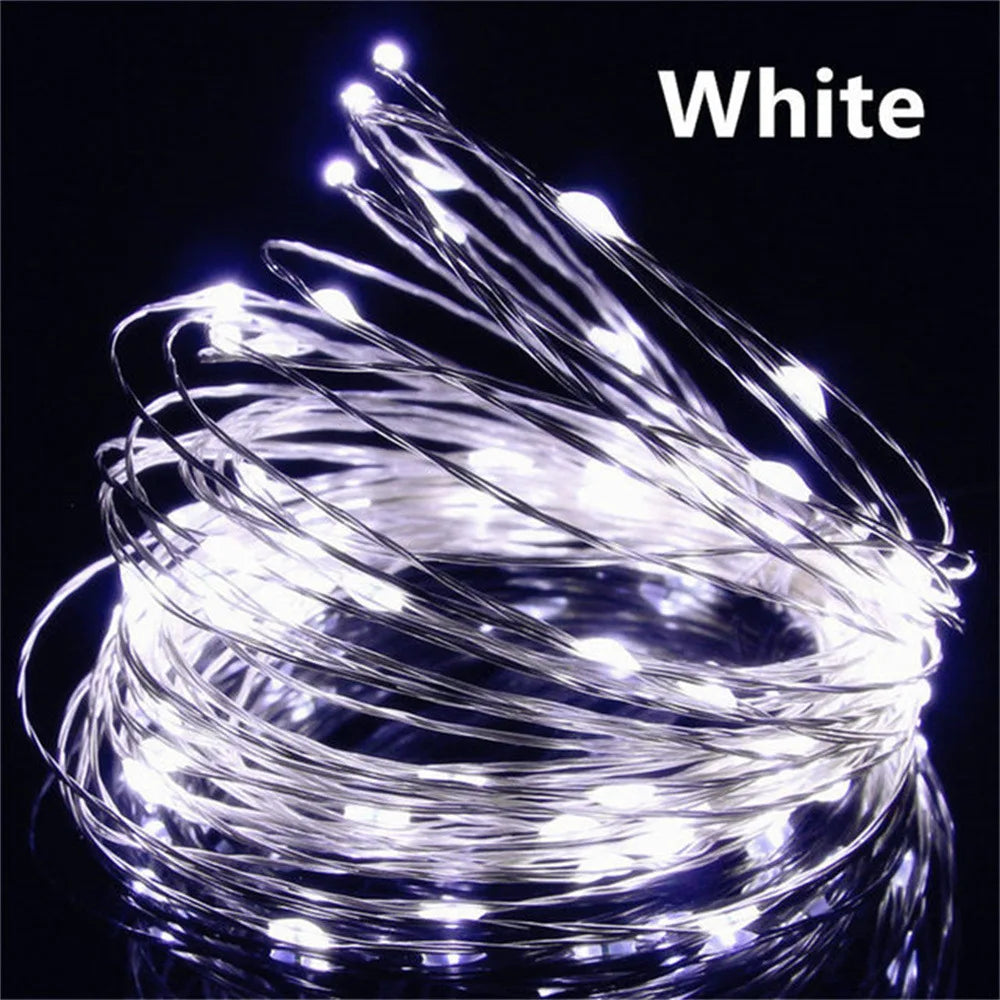 LED fairy string lights on white wire, product photo