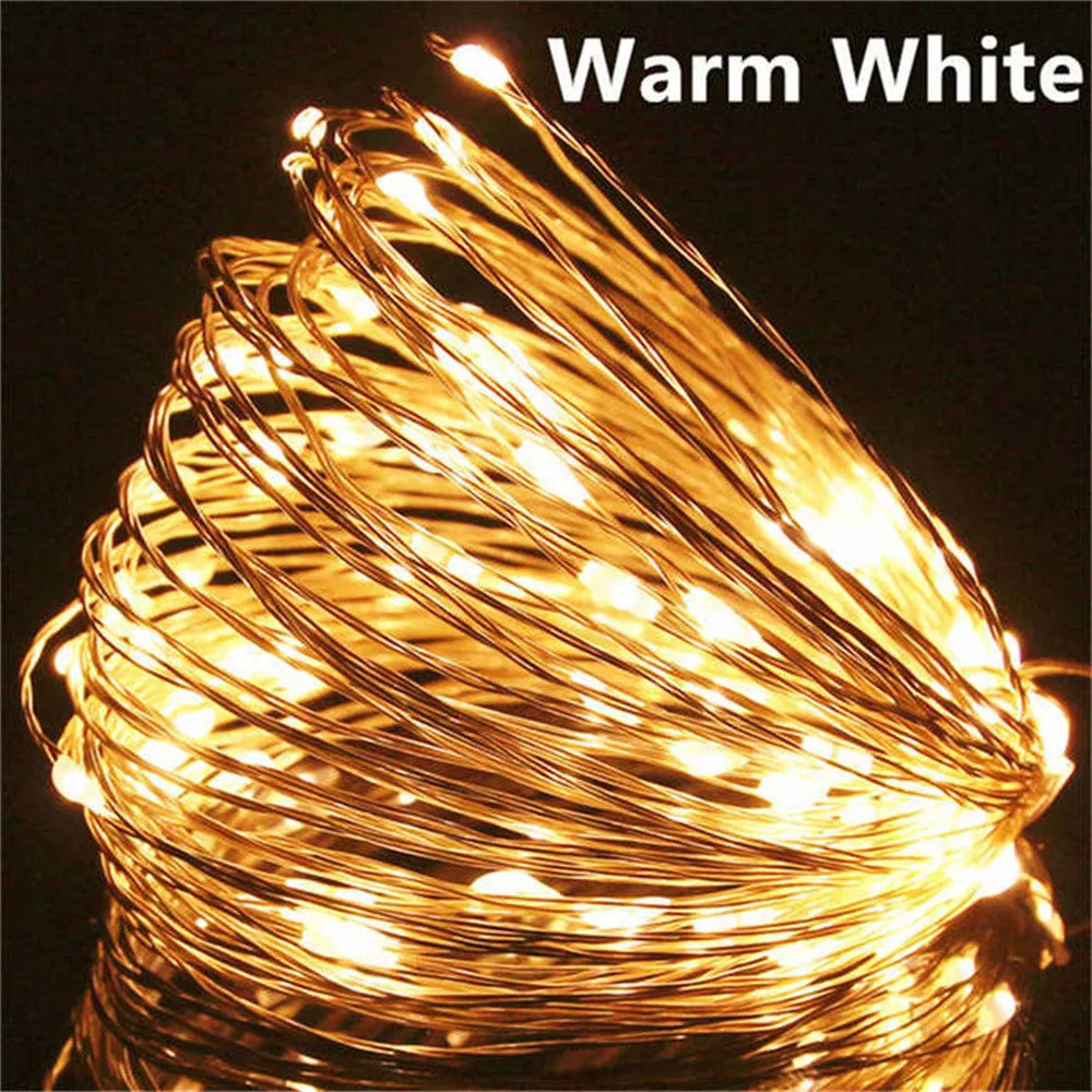 Warm white LED fairy string lights, copper wire, product photo