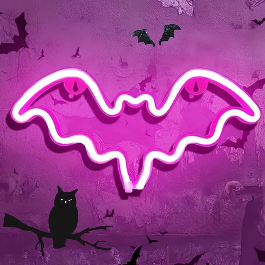 Halloween LED Bat Neon Wall Light – USB/Battery Powered, Spooky Party Decor