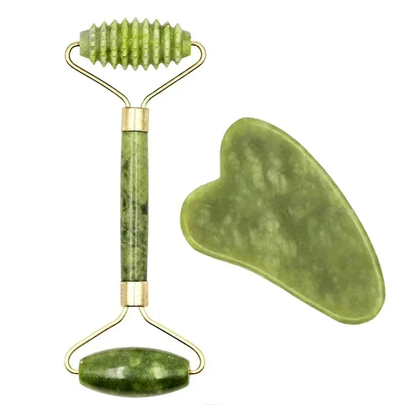 JadeGlow facial massage set - green jade roller and gua sha board