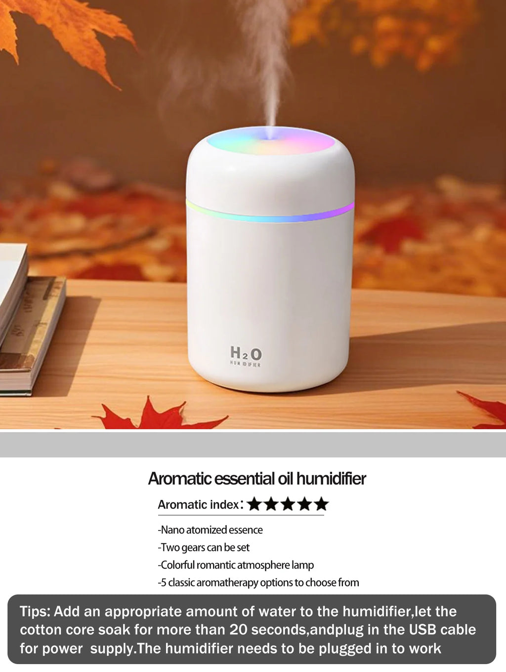 AromaMist 300ml ultrasonic diffuser with 7-color LED glow