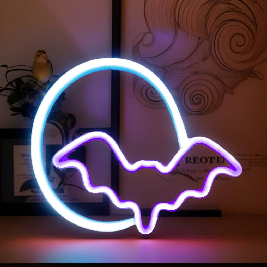 Halloween LED Bat Neon Wall Light – USB/Battery Powered, Spooky Party Decor
