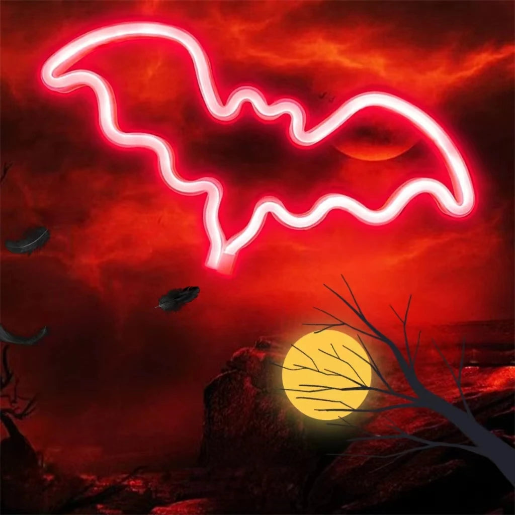 Halloween LED Bat Neon Wall Light – USB/Battery Powered, Spooky Party Decor